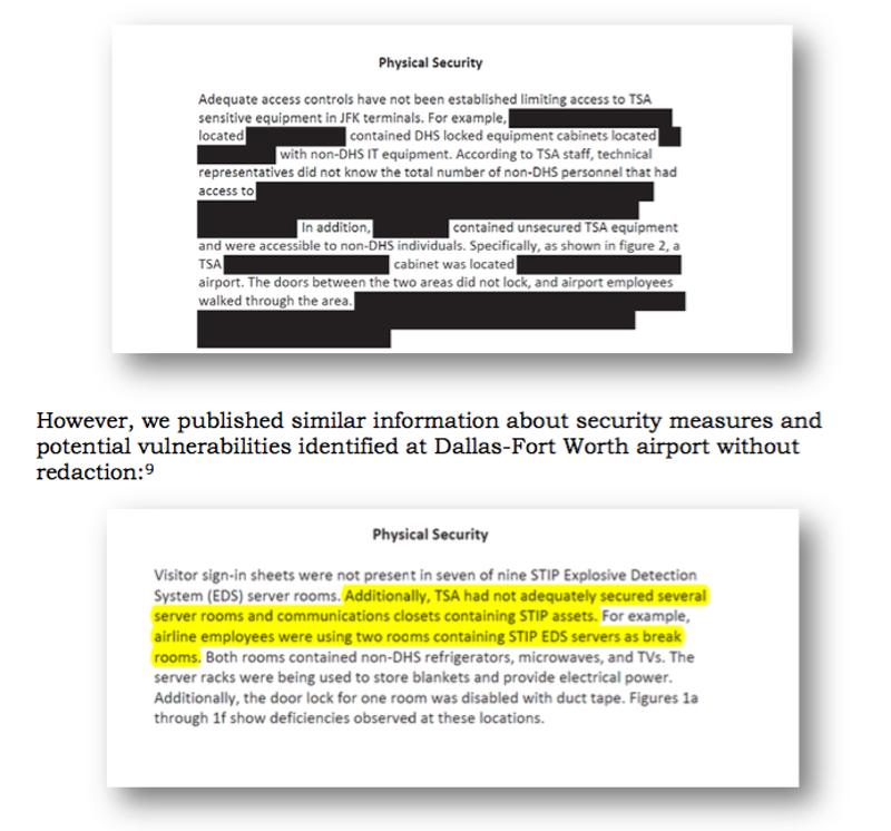 Screenshot from a Department of Homeland Security Office of the Inspector General report issued March 2, 2017 showing unnecessary redactions (DHS OIG)